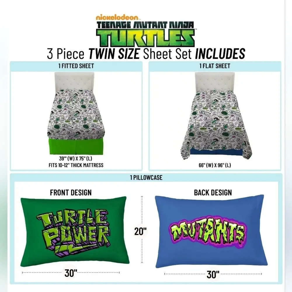 NEW Teenage Mutant Ninja Turtles Kids 3pc Microfiber Twin Sheet Set Nickelodeon
